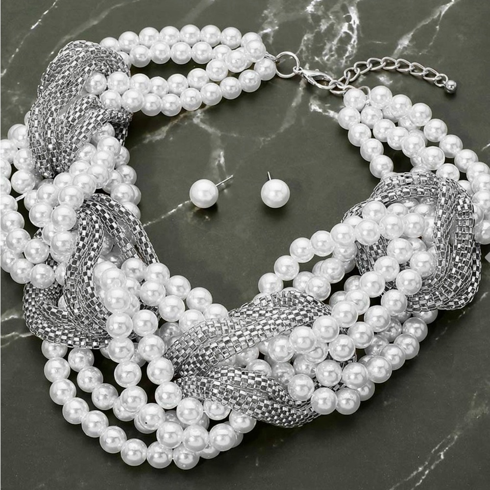 White Faux Pearl & Silver Twisted Statement Necklace - Women Jewelry - Picture 3 of 3